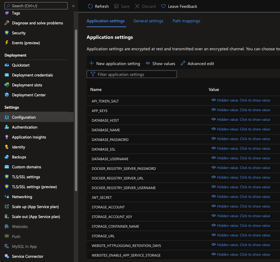 Configuration screen showing environment variables set up under application settings.