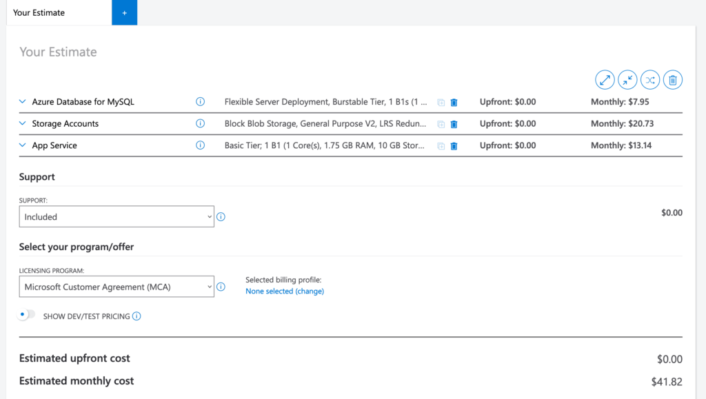 Screenshot Pricing Calculator Microsoft Azure containing Azure Database for MySQL, Storage Accounts and App Service for $ 63.52/month