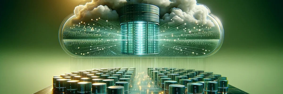 Konzept einer modernen, futuristischen, verteilten Cloud-Datenbank mit einem grünlichen Farbschema. Die Illustrationen zeigen eine halbtransparente Wolke mit leuchtenden digitalen Dateien und miteinander verbundenen Zylindern.
