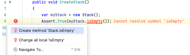 Using JetBrains Rider suggestion tool to add the missing method "isEmpty" to the class "Stack".