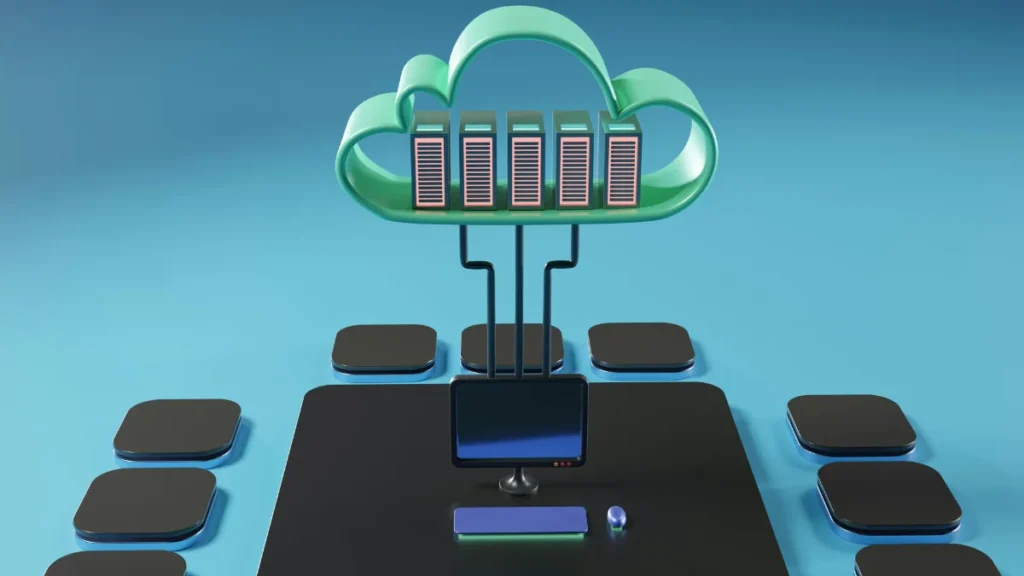 Render image of a cloud containing servers that are connected to a client system via a network.