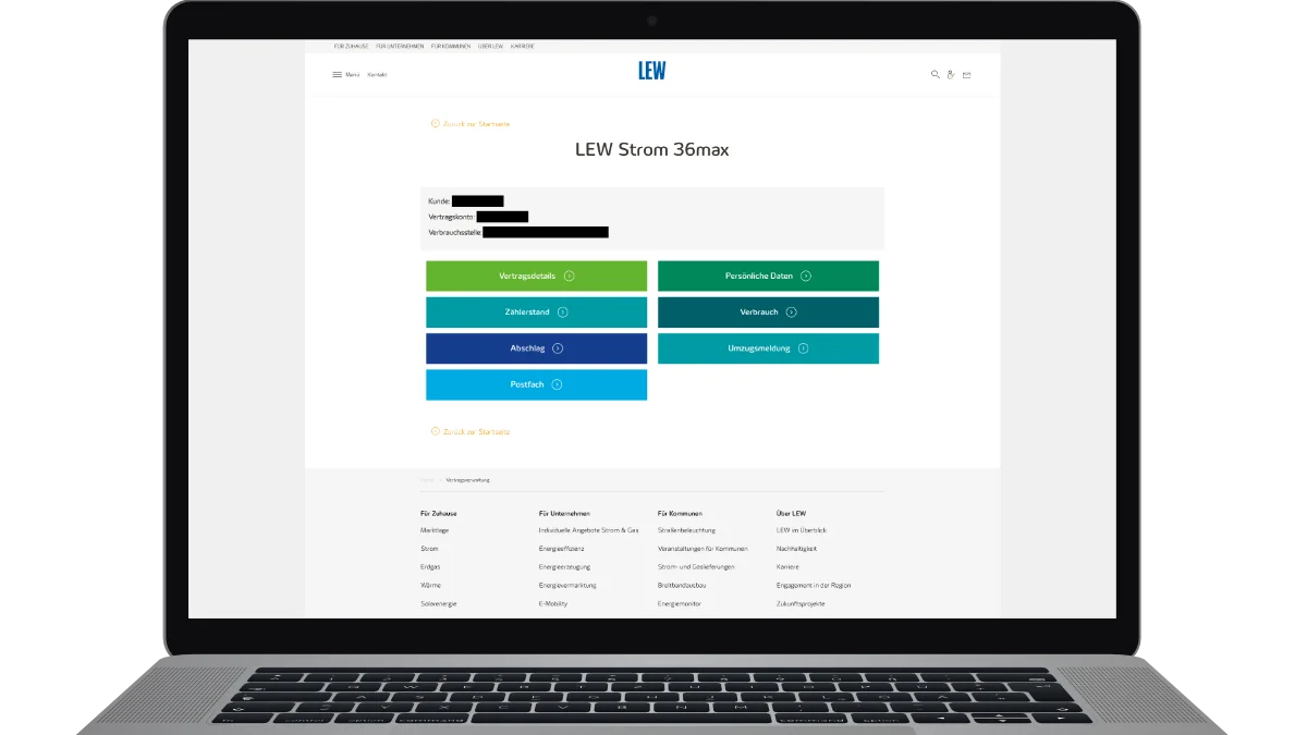MacBook zeigt das Menü des LEW-Kundenportals mit verschiedenen Funktionen.